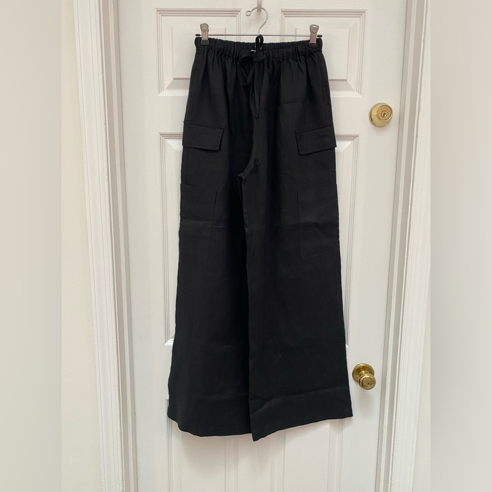 Reformation 100% Linen Black Drawstring Wide Leg Pants with Pockets - XS